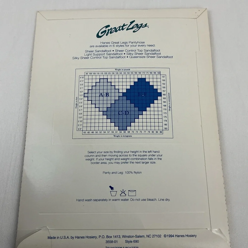 Vintage Hanes Great Legs Sheer Control Top Pantyhose Sandalfoot EF 1994